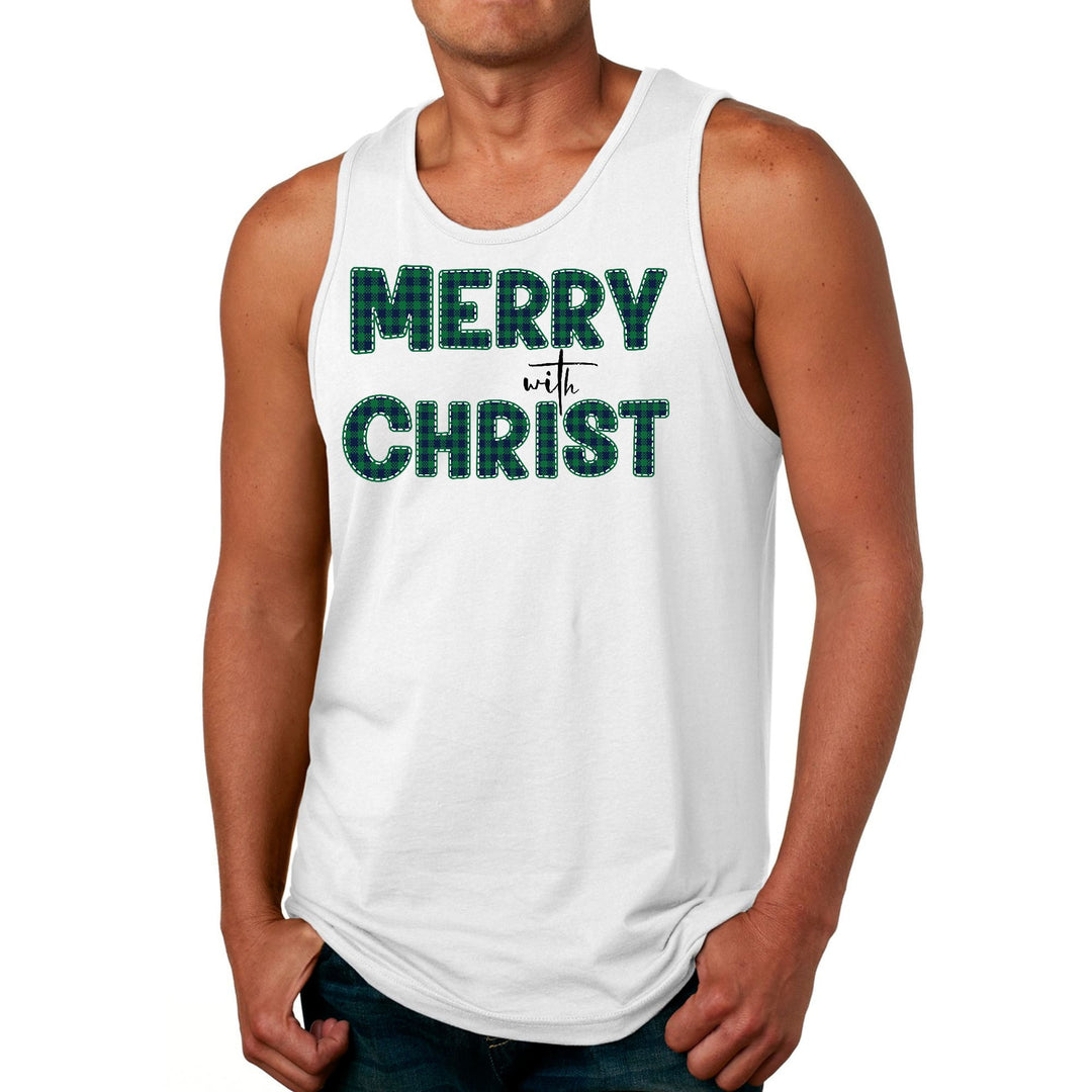 Mens Fitness Tank Top Graphic T-shirt Merry with Christ Green Plaid - Mens