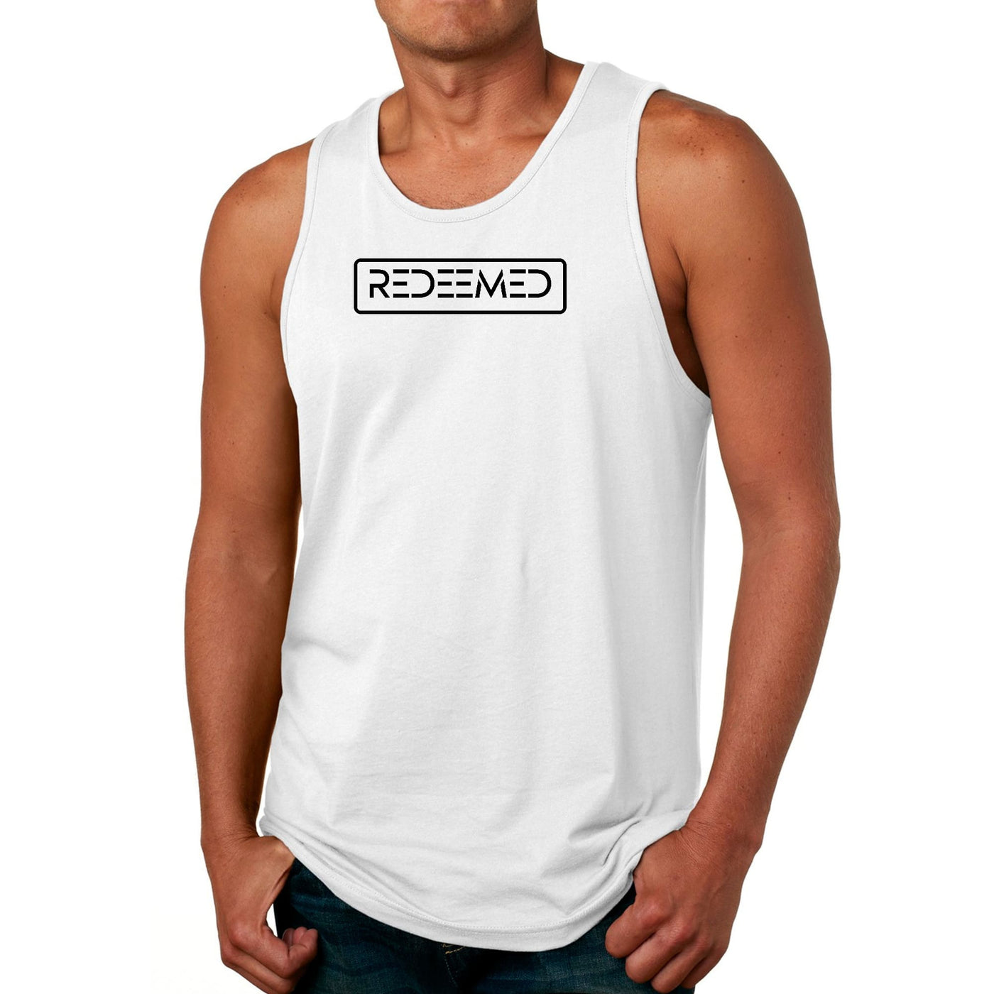 Mens Fitness Tank Top Graphic T-shirt Redeemed Black Illustration - Mens | Tank