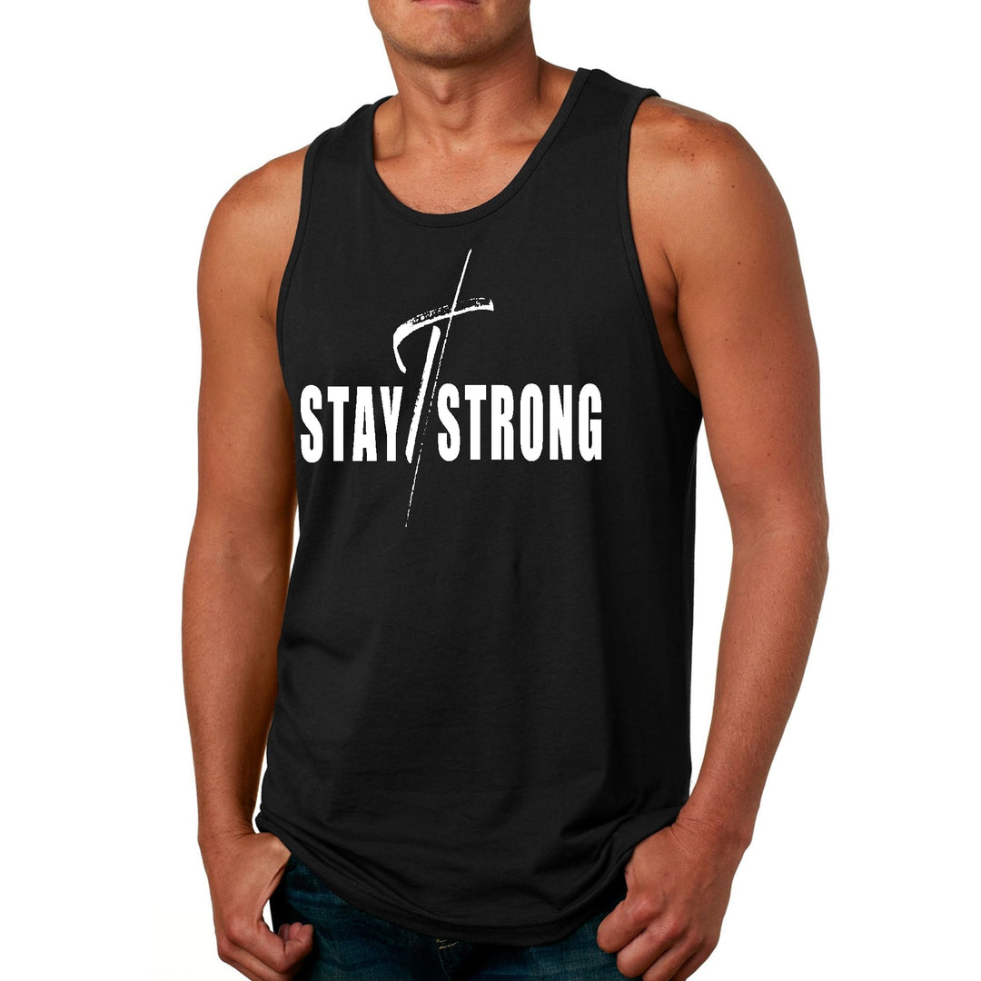 Mens Fitness Tank Top Graphic T-shirt Stay Strong with Cross White - Mens