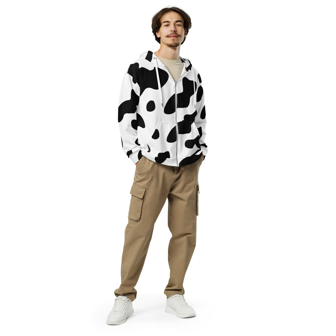 Mens Full Zip Graphic Hoodie Black White Cow Print