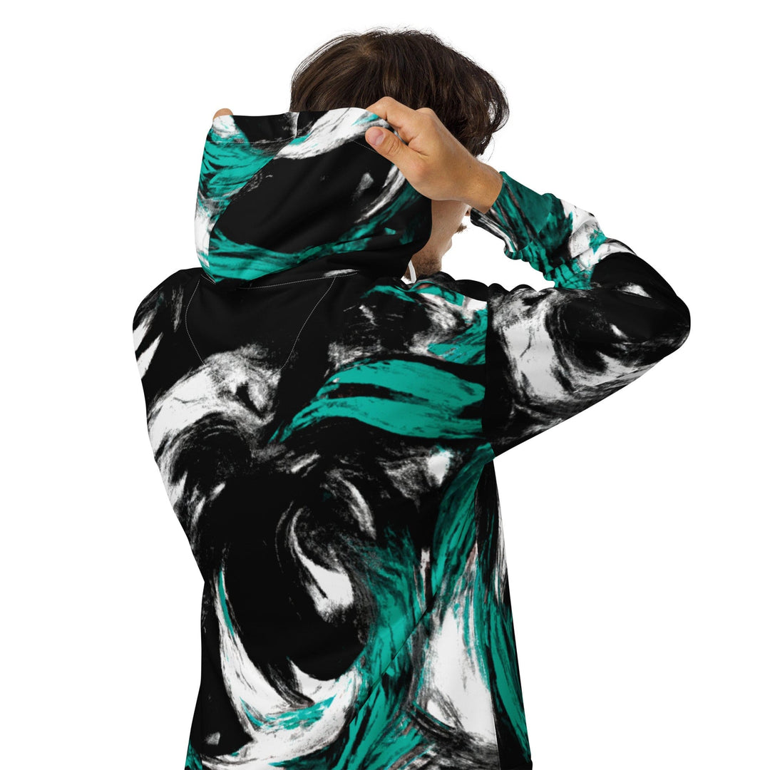 Mens Full Zip Graphic Hoodie Black Green White Abstract Pattern