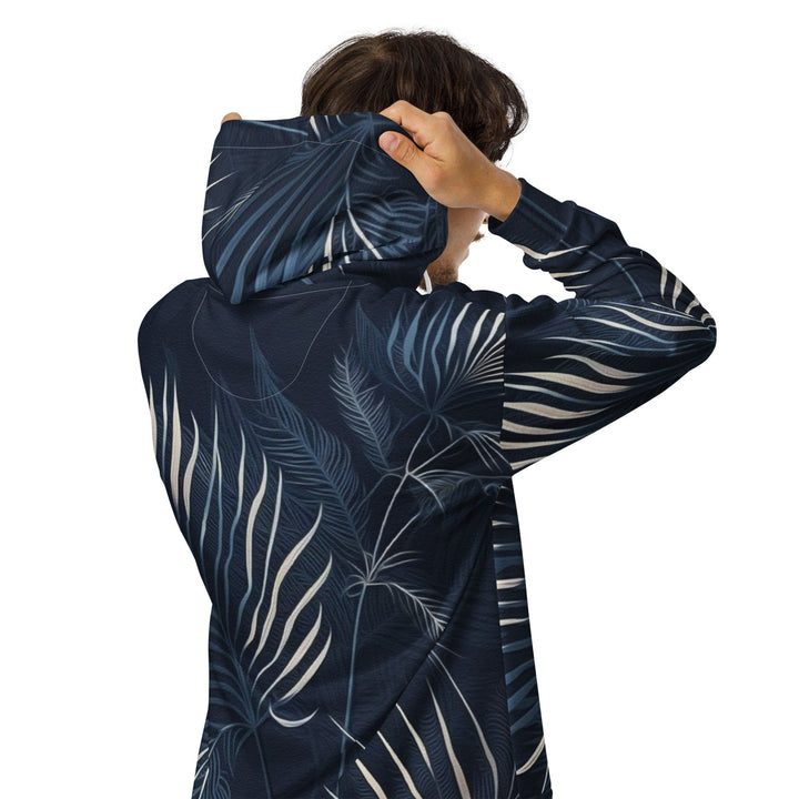 Mens Full Zip Graphic Hoodie Blue White Palm Leaves