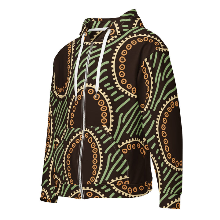 Mens Full Zip Graphic Hoodie Brown Green Geometric Lines