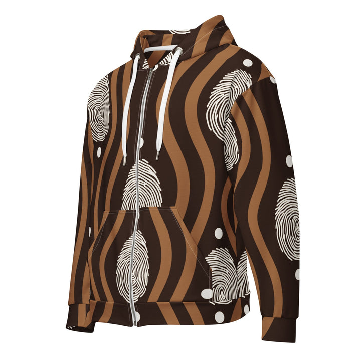 Mens Full Zip Graphic Hoodie Brown White Geometric Lines