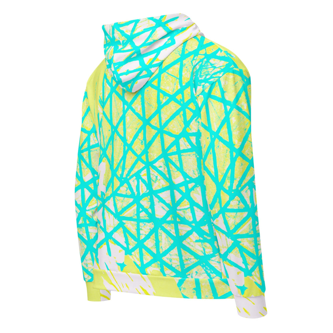 Mens Full Zip Graphic Hoodie Cyan Blue Lime Green and White Pattern