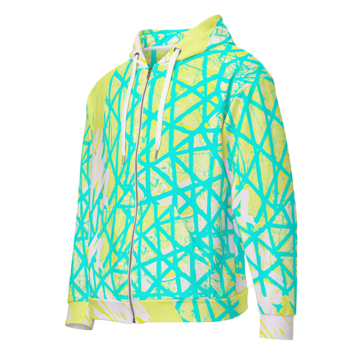 Mens Full Zip Graphic Hoodie Cyan Blue Lime Green and White Pattern