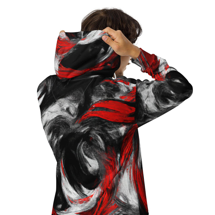 Mens Full Zip Graphic Hoodie Decorative Black Red White Abstract