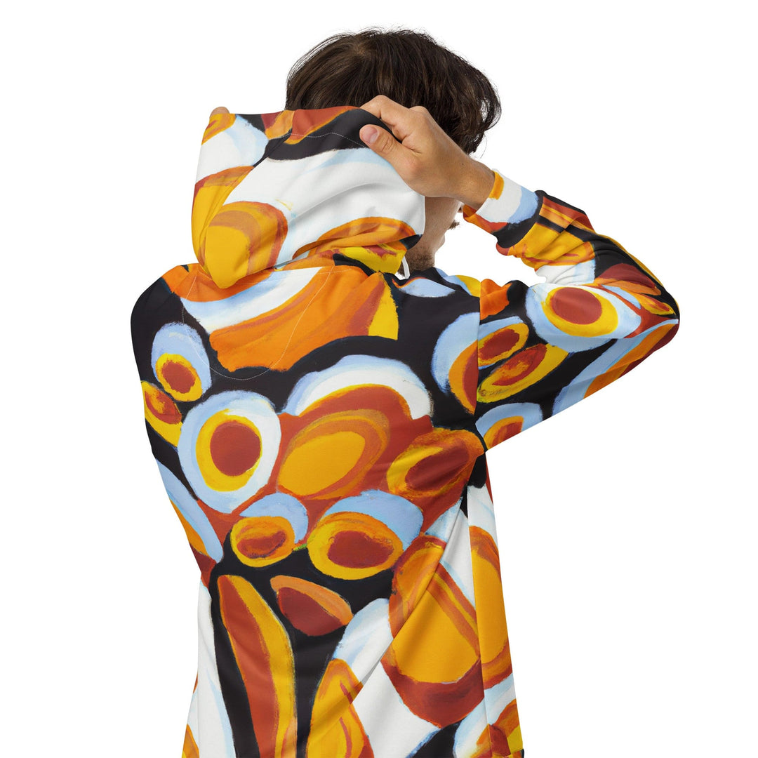 Mens Full Zip Graphic Hoodie Orange Black White Geometric Print