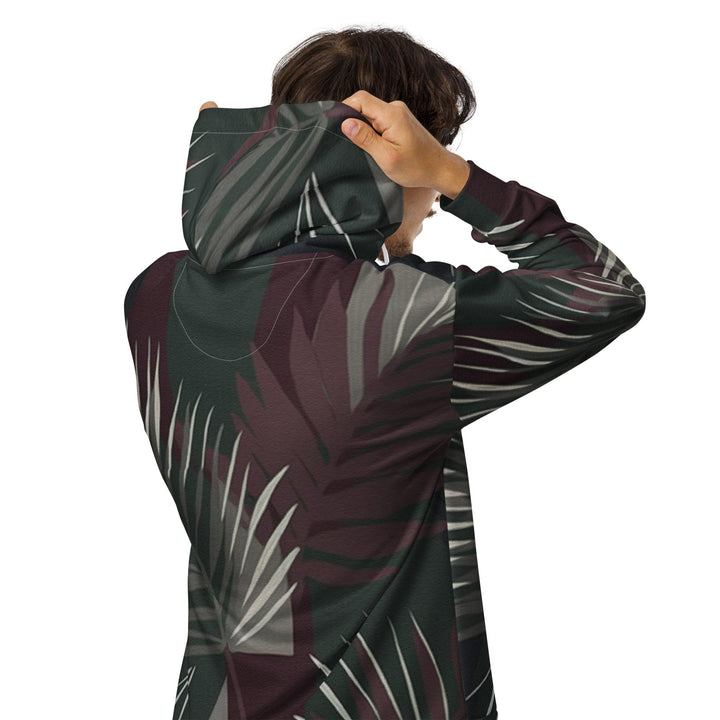 Mens Full Zip Graphic Hoodie Palm Tree Leaves Maroon Green