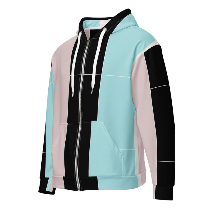 Mens Full Zip Graphic Hoodie Pastel Pink Black Blue Colorblock Lines