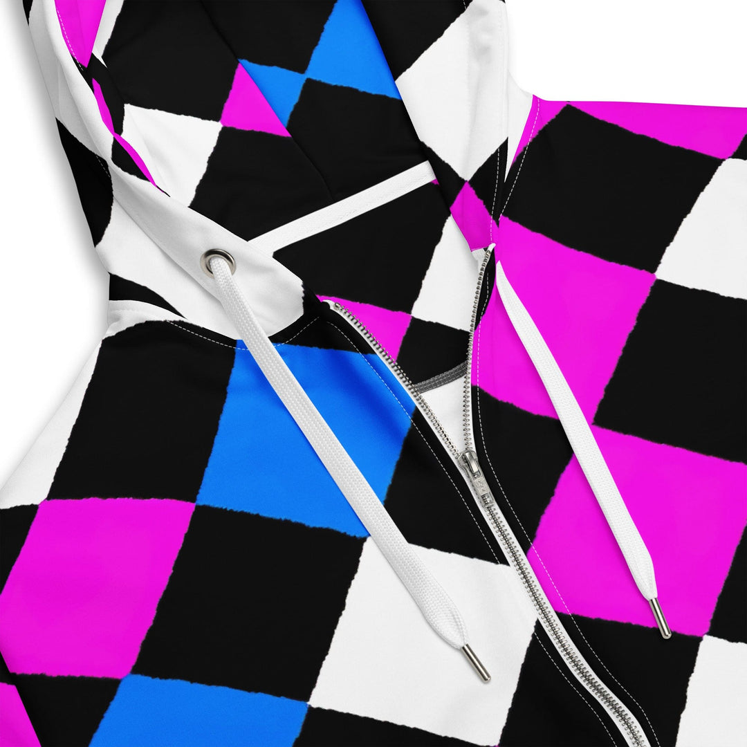 Mens Full Zip Graphic Hoodie - Pink Blue Checkered Pattern - Mens/Hoodies/Zip