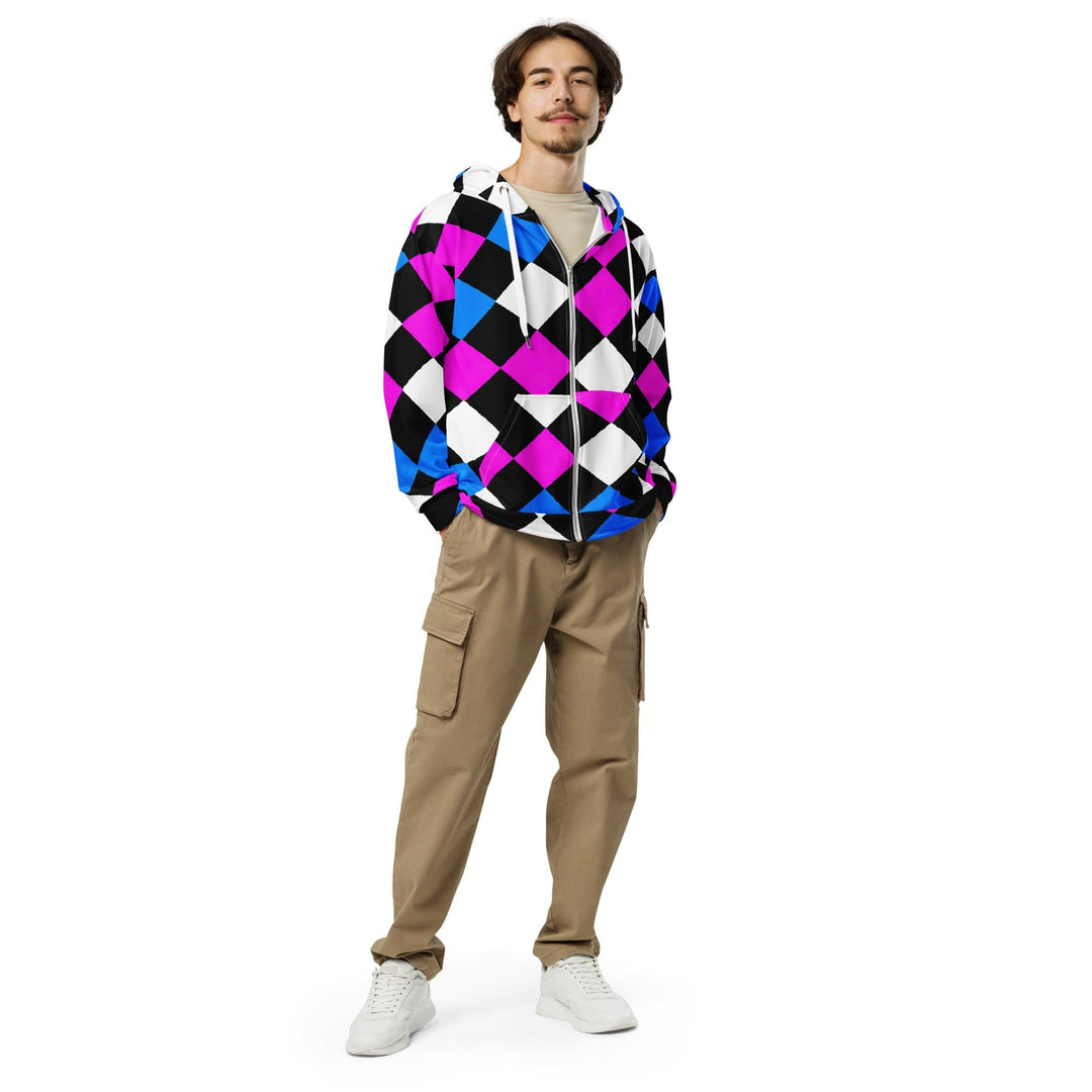 Mens Full Zip Graphic Hoodie - Pink Blue Checkered Pattern - Mens/Hoodies/Zip