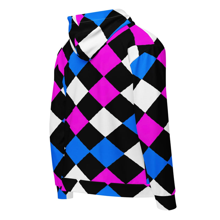 Mens Full Zip Graphic Hoodie - Pink Blue Checkered Pattern - Mens/Hoodies/Zip