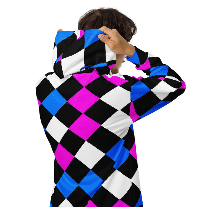 Mens Full Zip Graphic Hoodie - Pink Blue Checkered Pattern - Mens/Hoodies/Zip