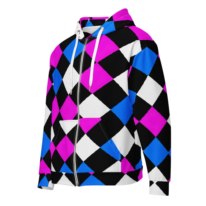Mens Full Zip Graphic Hoodie Pink Blue Checkered Pattern