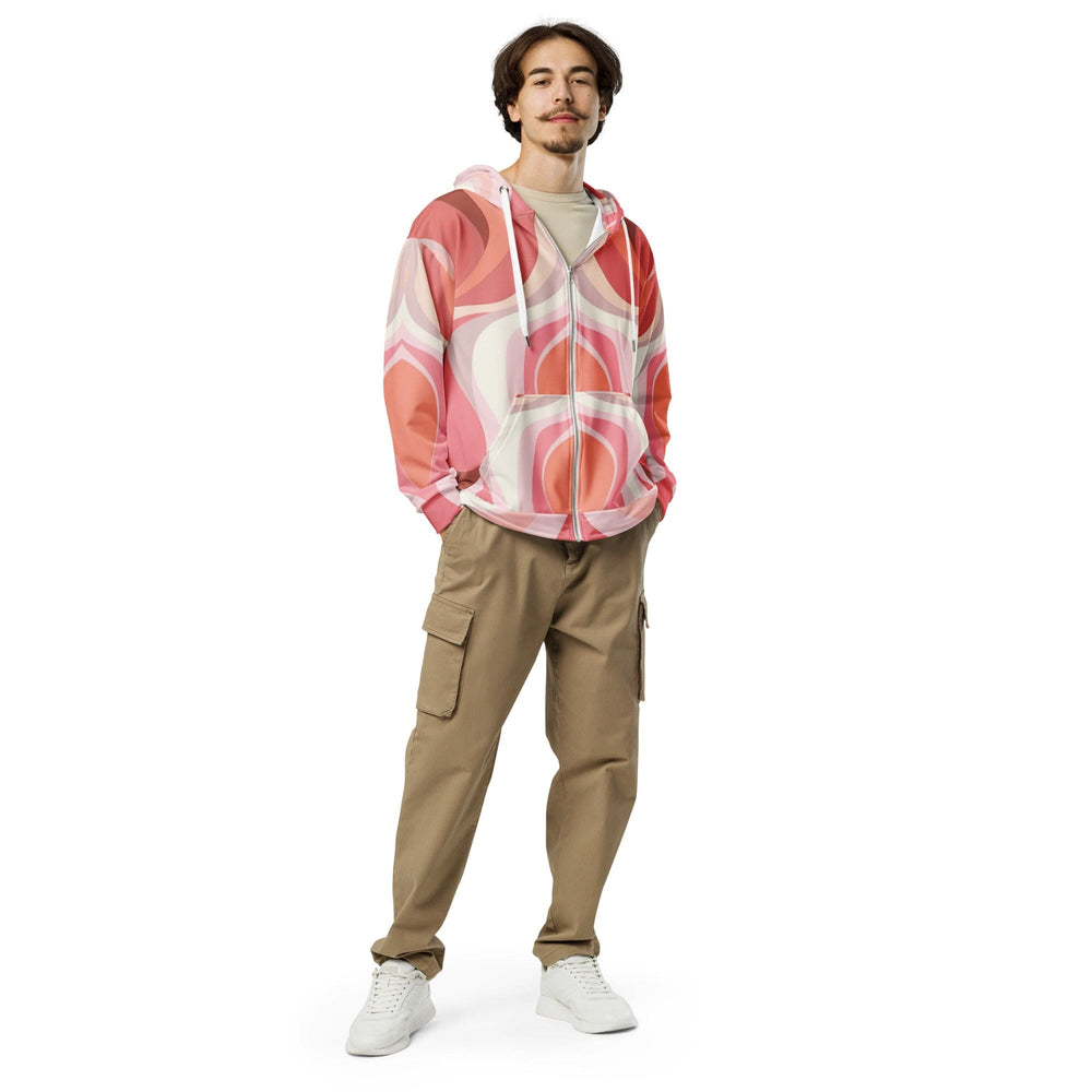 Mens Full Zip Graphic Hoodie Pink White Boho Swirl Lines