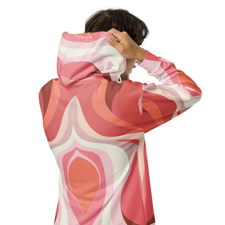 Mens Full Zip Graphic Hoodie Pink White Boho Swirl Lines