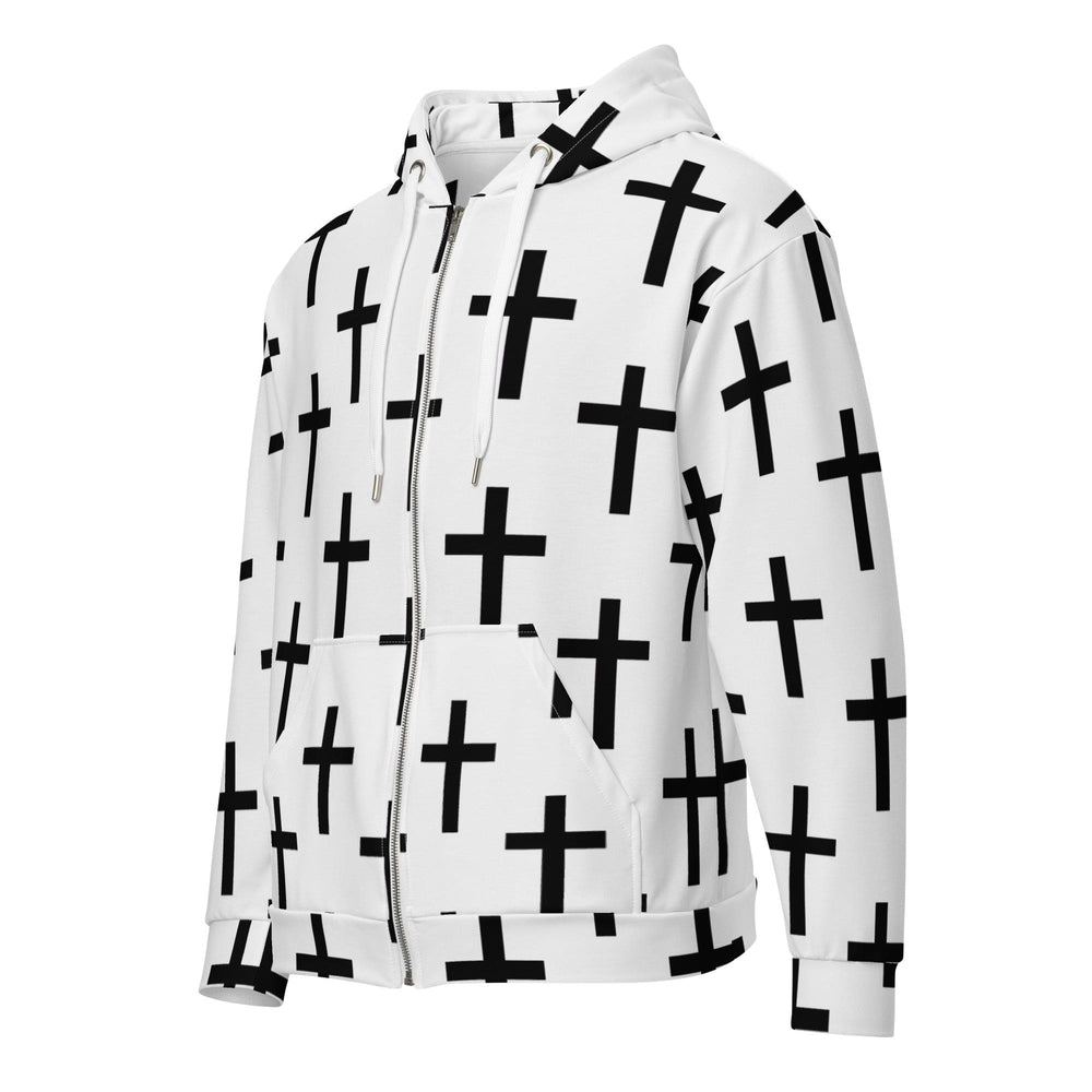 Mens Full Zip Graphic Hoodie White Black Cross Print