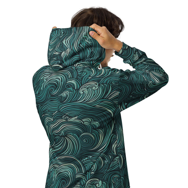 Mens Full Zip Graphic Hoodie Mint Green Water Wave Print