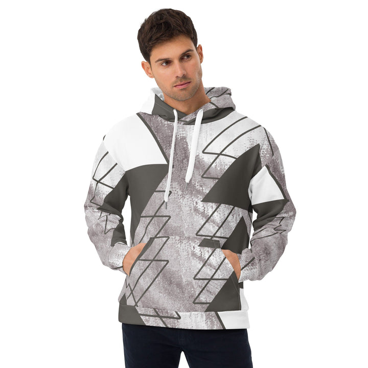 Mens Graphic Hoodie Ash Grey and White Triangular Colorblock