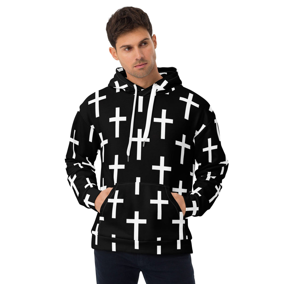 Mens Graphic Hoodie Black White Cross Print - Mens | Hoodies | AOP