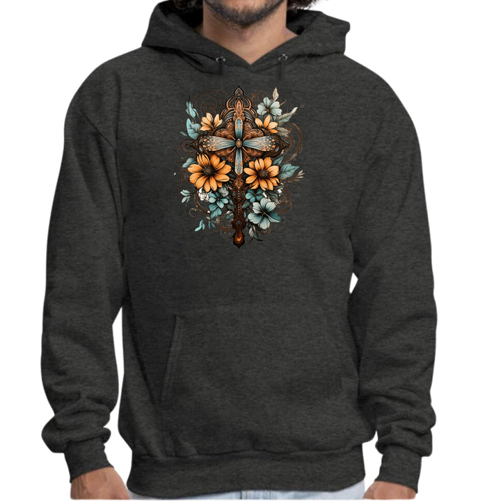 Mens Graphic Hoodie Christian Cross Floral Bouquet Brown and Blue - Unisex