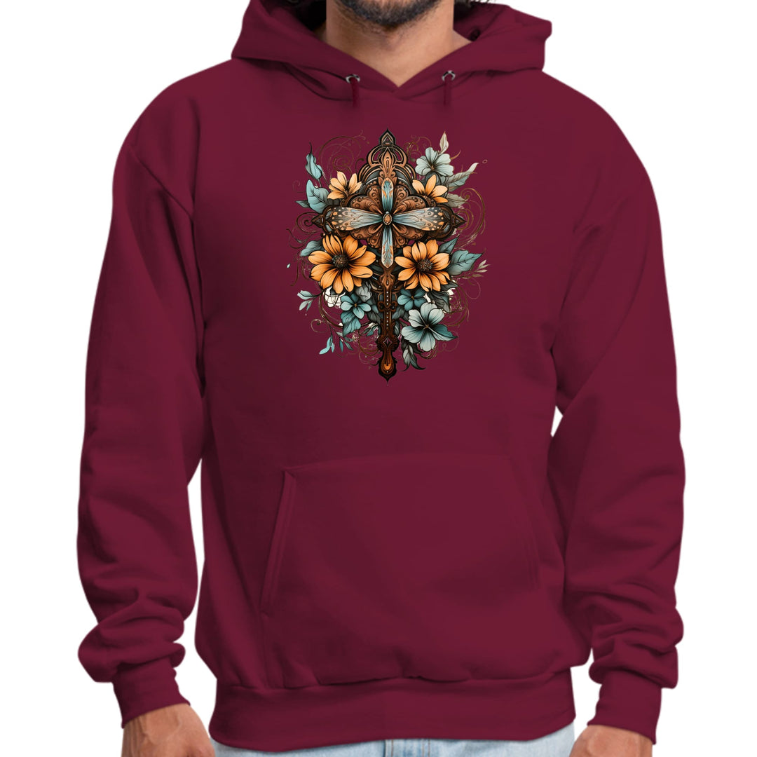 Mens Graphic Hoodie Christian Cross Floral Bouquet Brown and Blue - Unisex