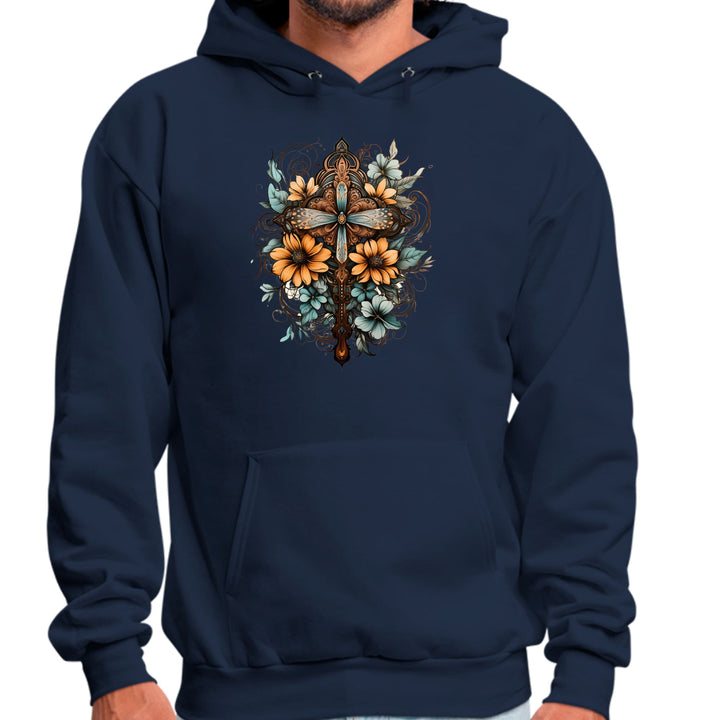 Mens Graphic Hoodie Christian Cross Floral Bouquet Brown and Blue - Unisex