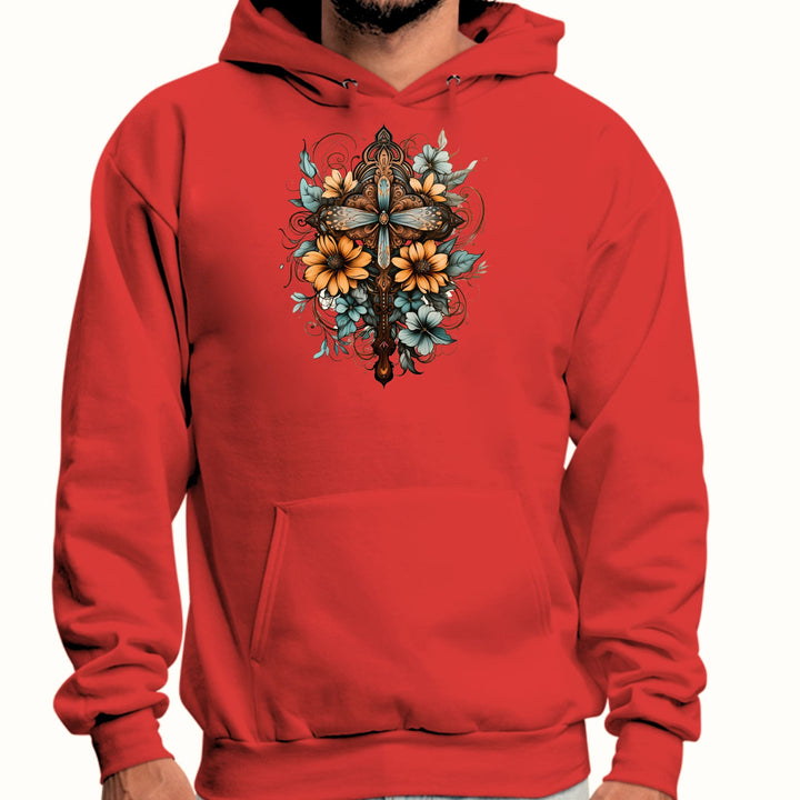 Mens Graphic Hoodie Christian Cross Floral Bouquet Brown and Blue - Unisex