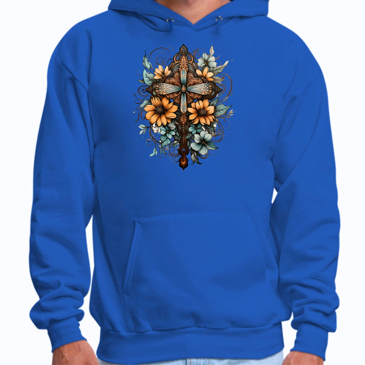 Mens Graphic Hoodie Christian Cross Floral Bouquet Brown and Blue - Unisex