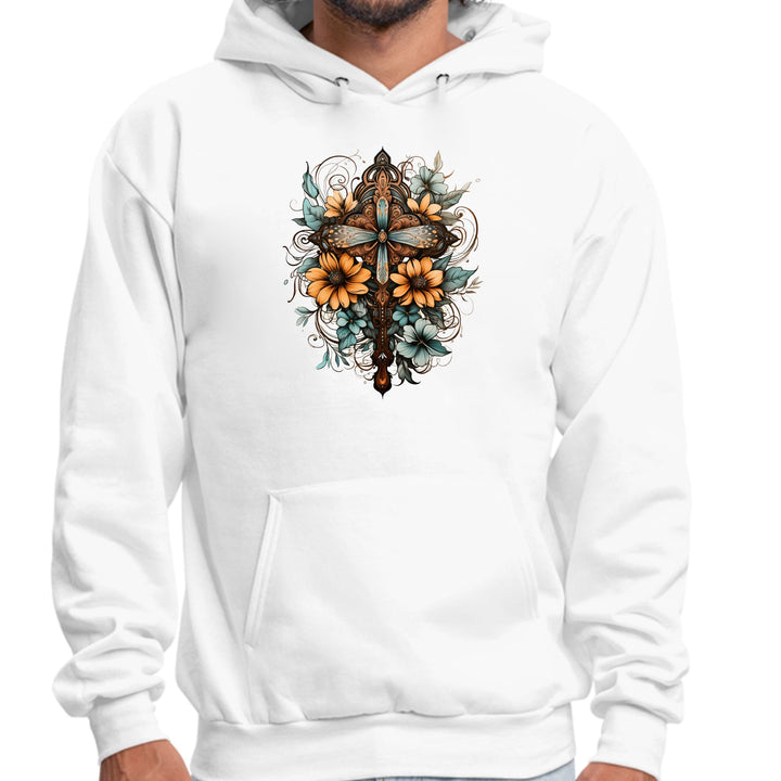 Mens Graphic Hoodie Christian Cross Floral Bouquet Brown and Blue - Unisex