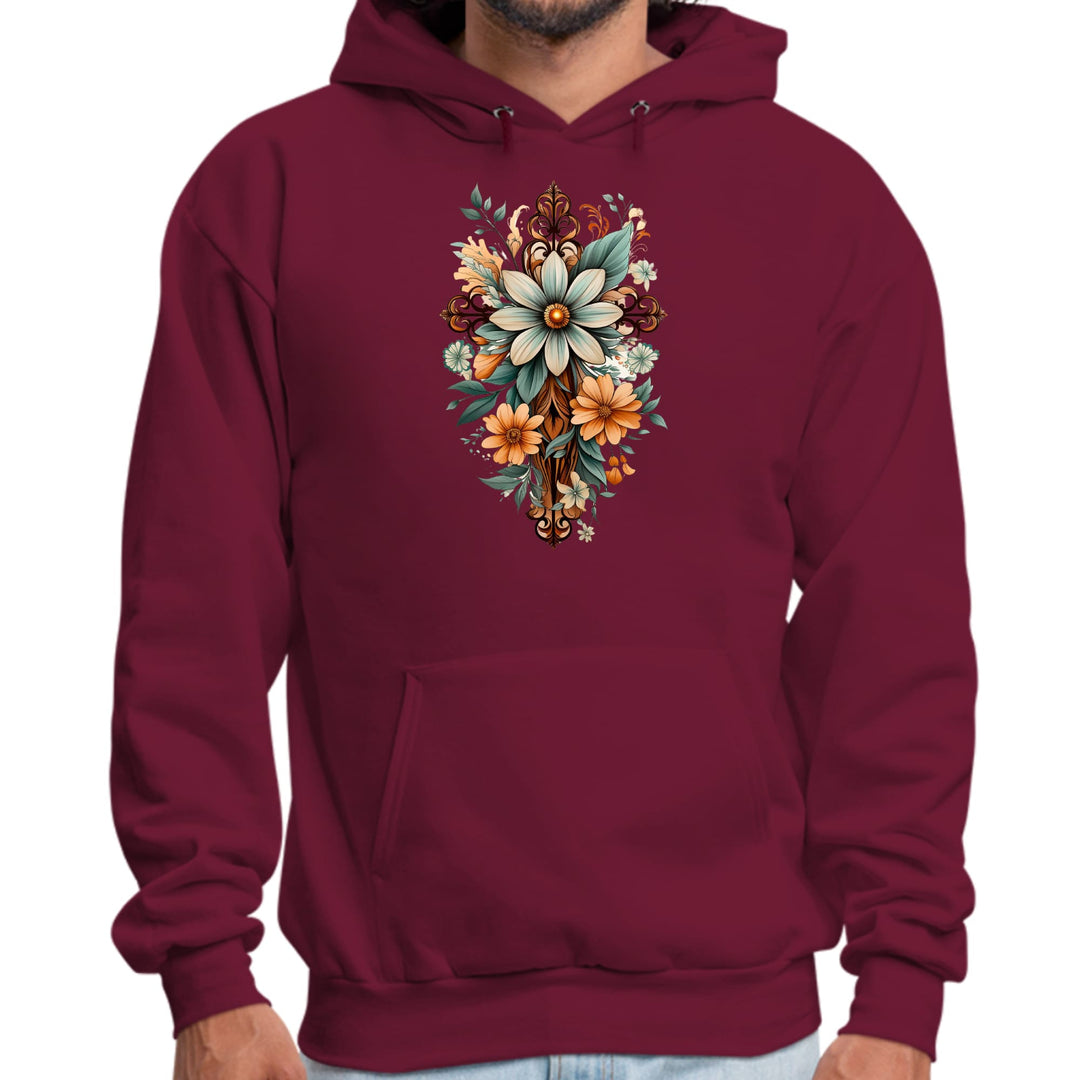 Mens Graphic Hoodie Christian Cross Floral Bouquet Green and Brown - Unisex