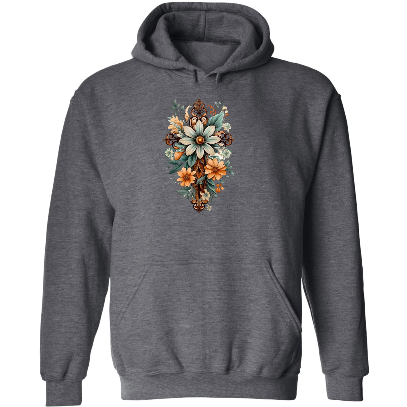 Mens Graphic Hoodie Christian Cross Floral Bouquet Green And Brown - Unisex