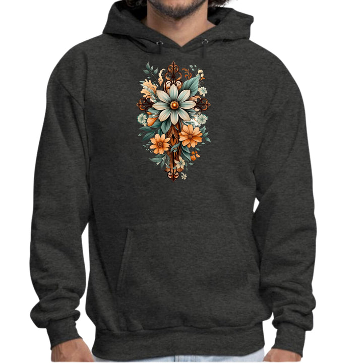 Mens Graphic Hoodie Christian Cross Floral Bouquet Green and Brown - Unisex