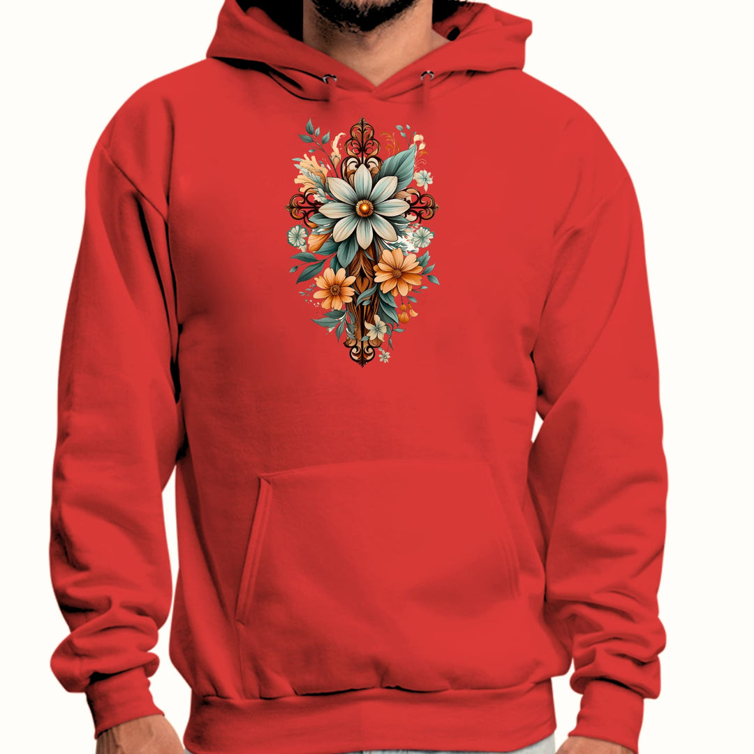 Mens Graphic Hoodie Christian Cross Floral Bouquet Green and Brown - Unisex