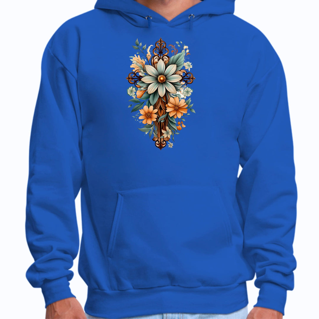 Mens Graphic Hoodie Christian Cross Floral Bouquet Green and Brown - Unisex