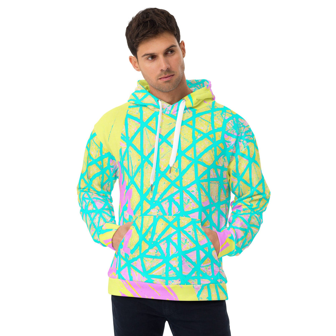 Mens Graphic Hoodie Cyan Blue Lime Green and Pink Pattern - Mens | Hoodies | AOP