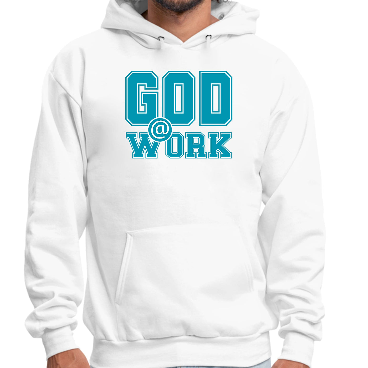 Mens Graphic Hoodie God @ Work Blue Green And White Print - Unisex | Hoodies