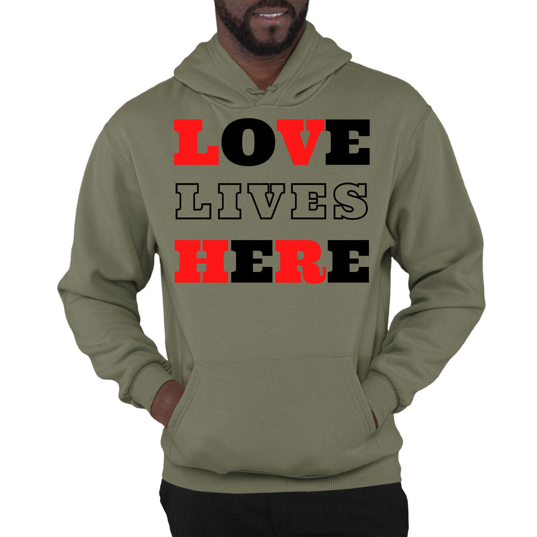 Mens Graphic Hoodie Love Lives Here Christian Red Black Illustration - Unisex