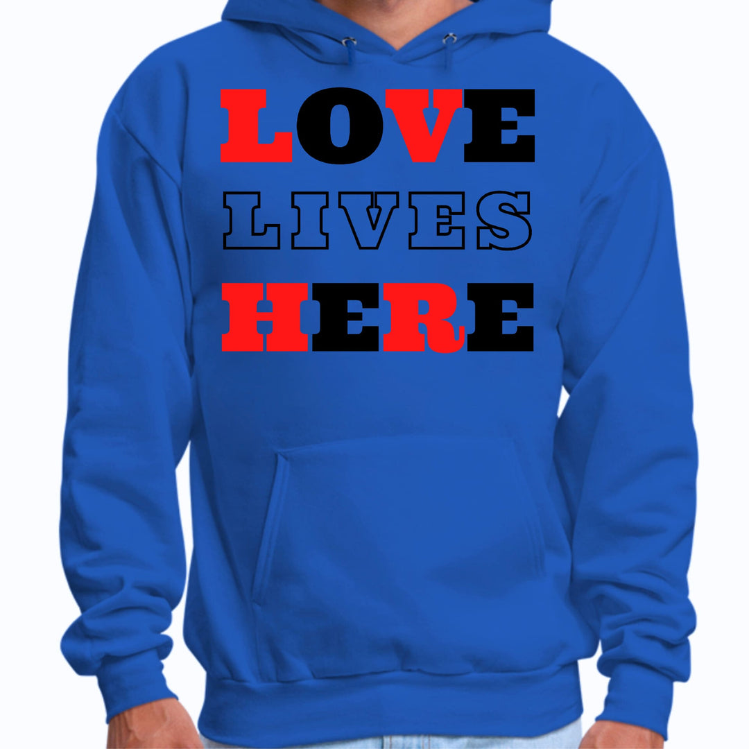 Mens Graphic Hoodie Love Lives Here Christian Red Black Illustration - Unisex