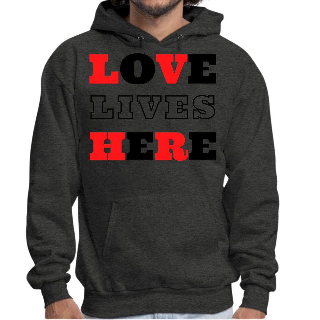 Mens Graphic Hoodie Love Lives Here Christian Red Black Illustration - Unisex