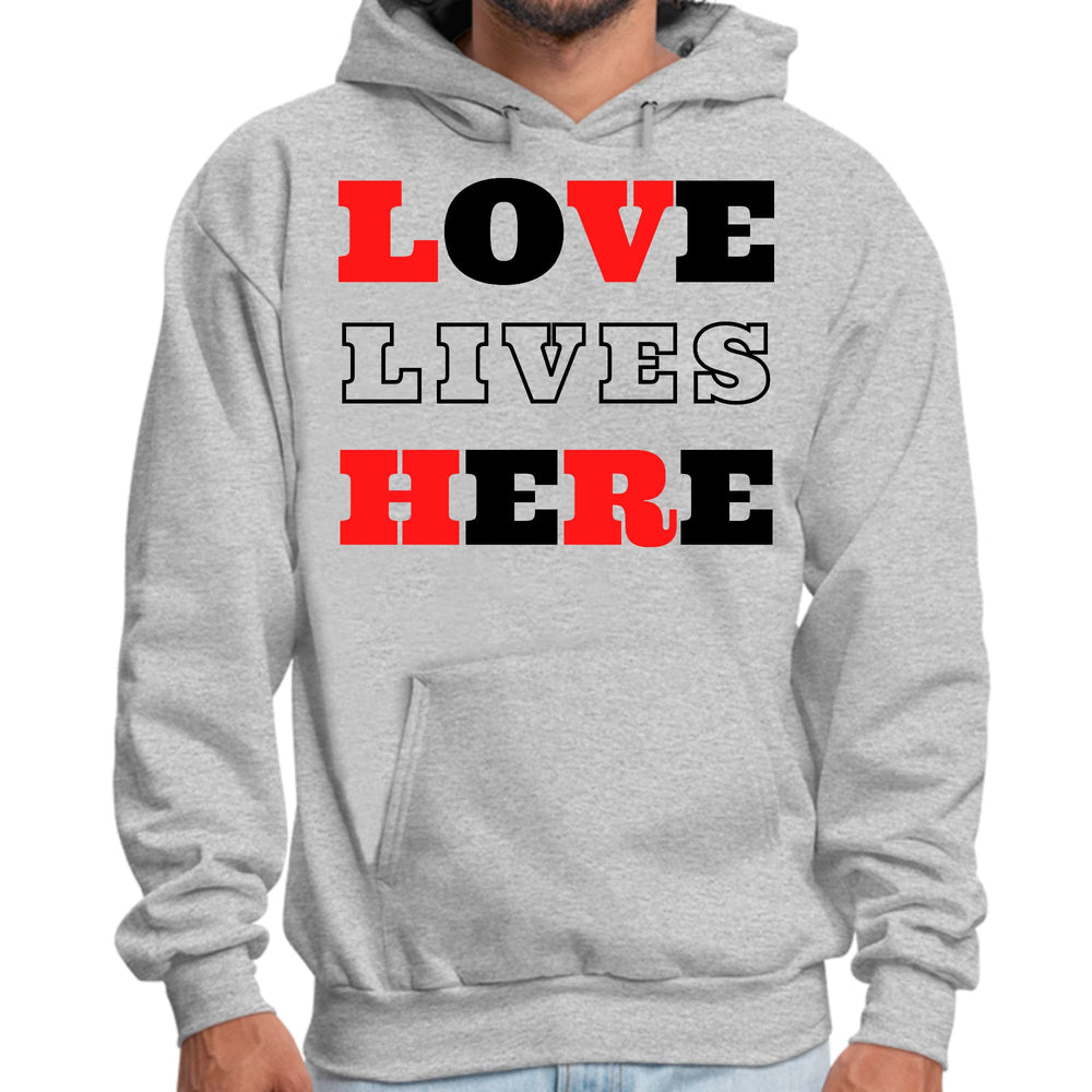 Mens Graphic Hoodie Love Lives Here Christian Red Black Illustration - Unisex