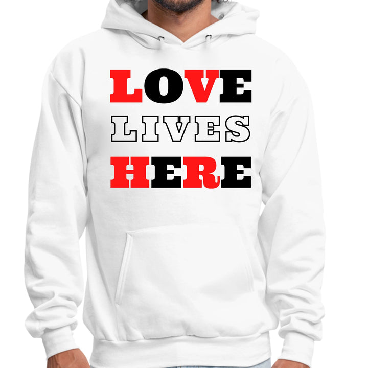 Mens Graphic Hoodie Love Lives Here Christian Red Black Illustration - Unisex