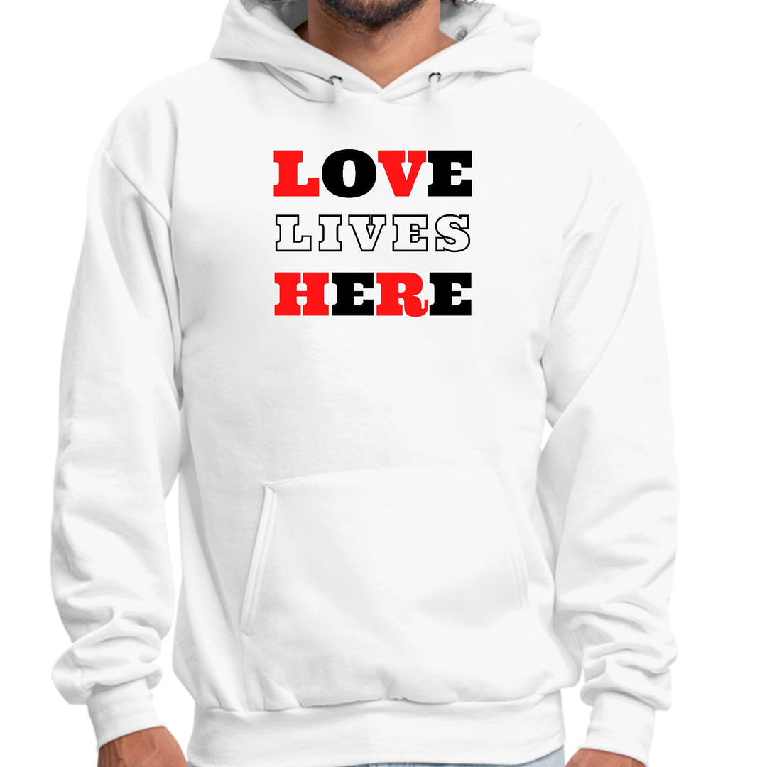 Mens Graphic Hoodie Love Lives Here Christian Red Black Illustration - Unisex