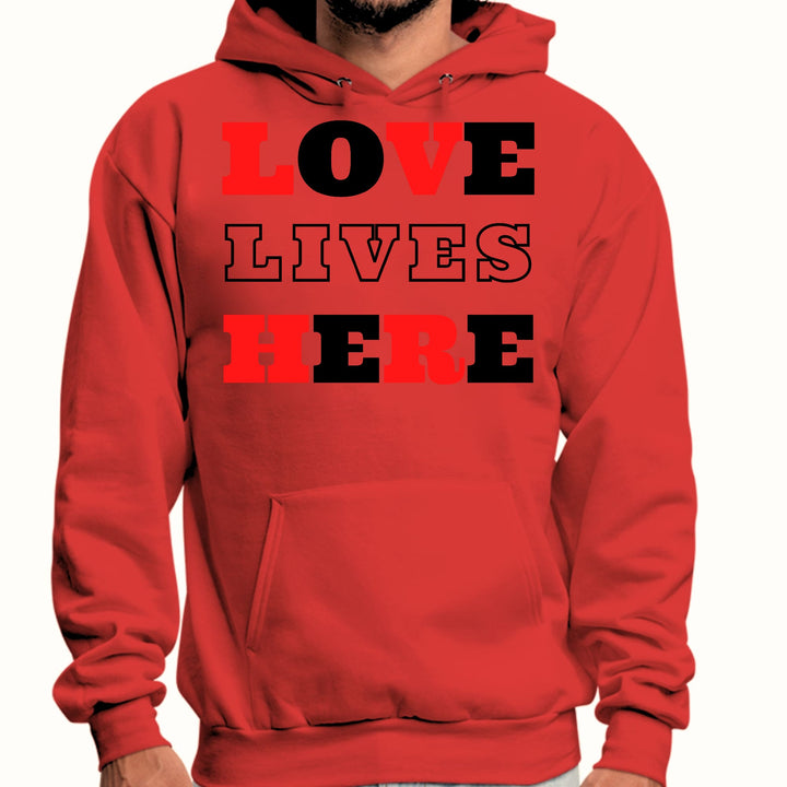 Mens Graphic Hoodie Love Lives Here Christian Red Black Illustration - Unisex