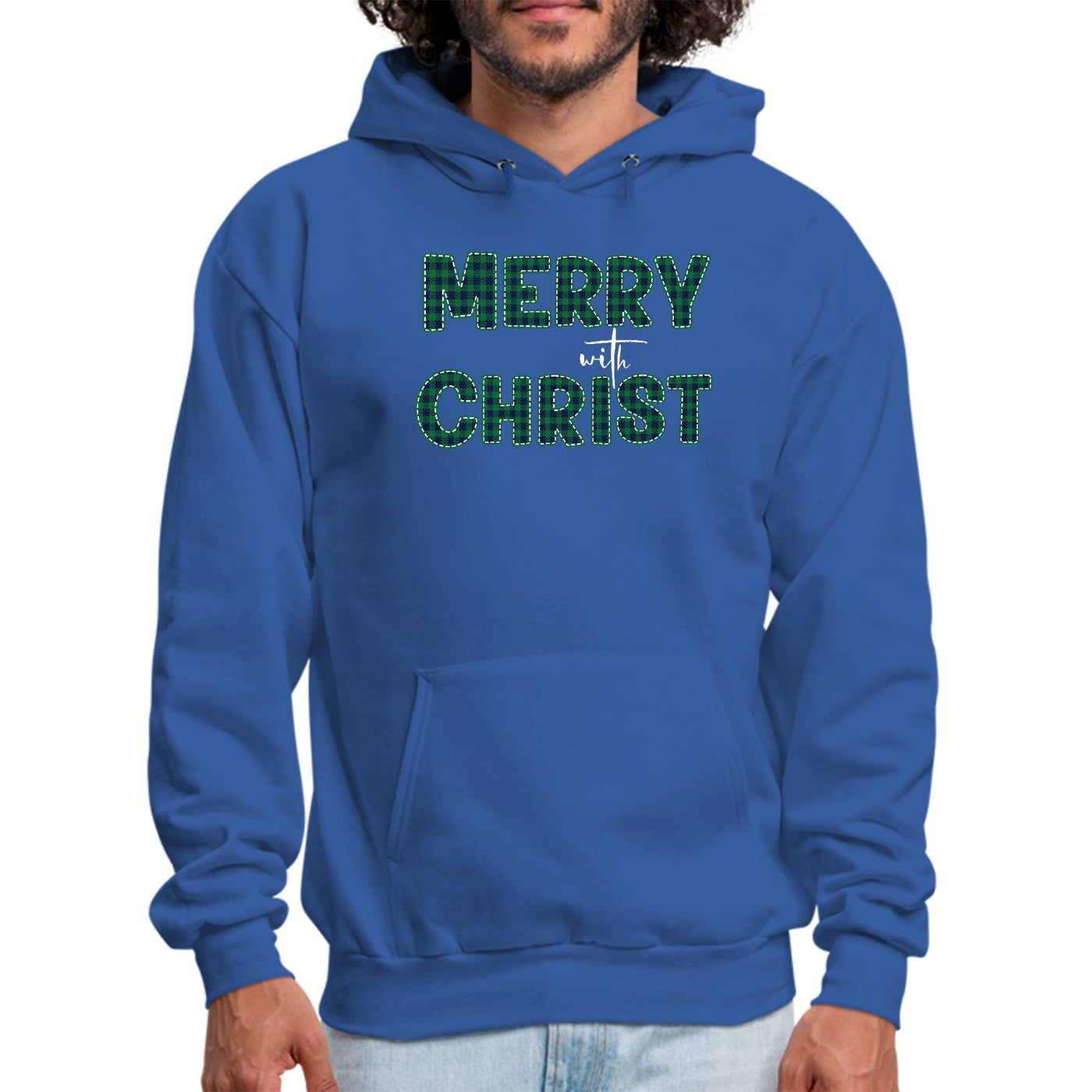 Mens Graphic Hoodie Merry With Christ Green Plaid Christmas Holiday - Unisex