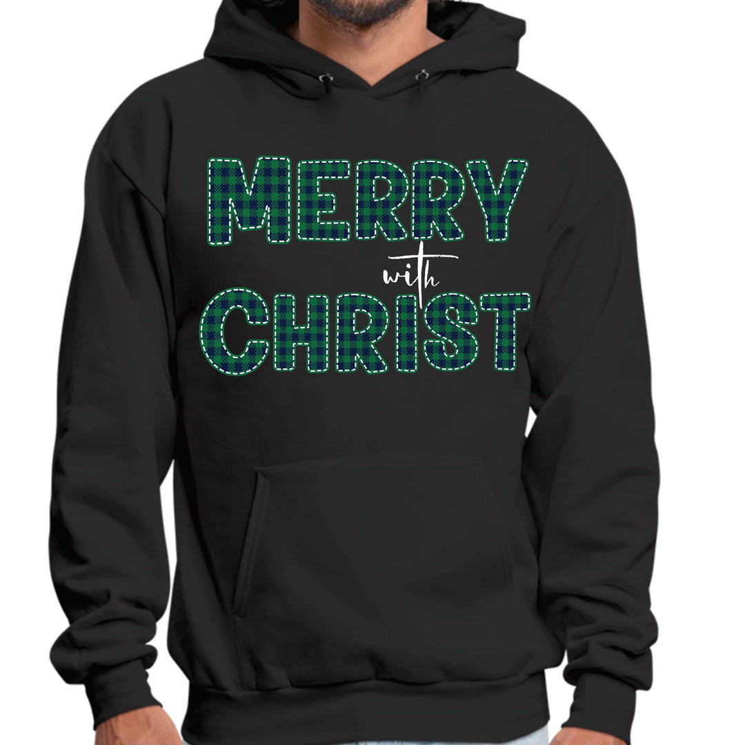 Mens Graphic Hoodie Merry with Christ Green Plaid Christmas Holiday - Unisex