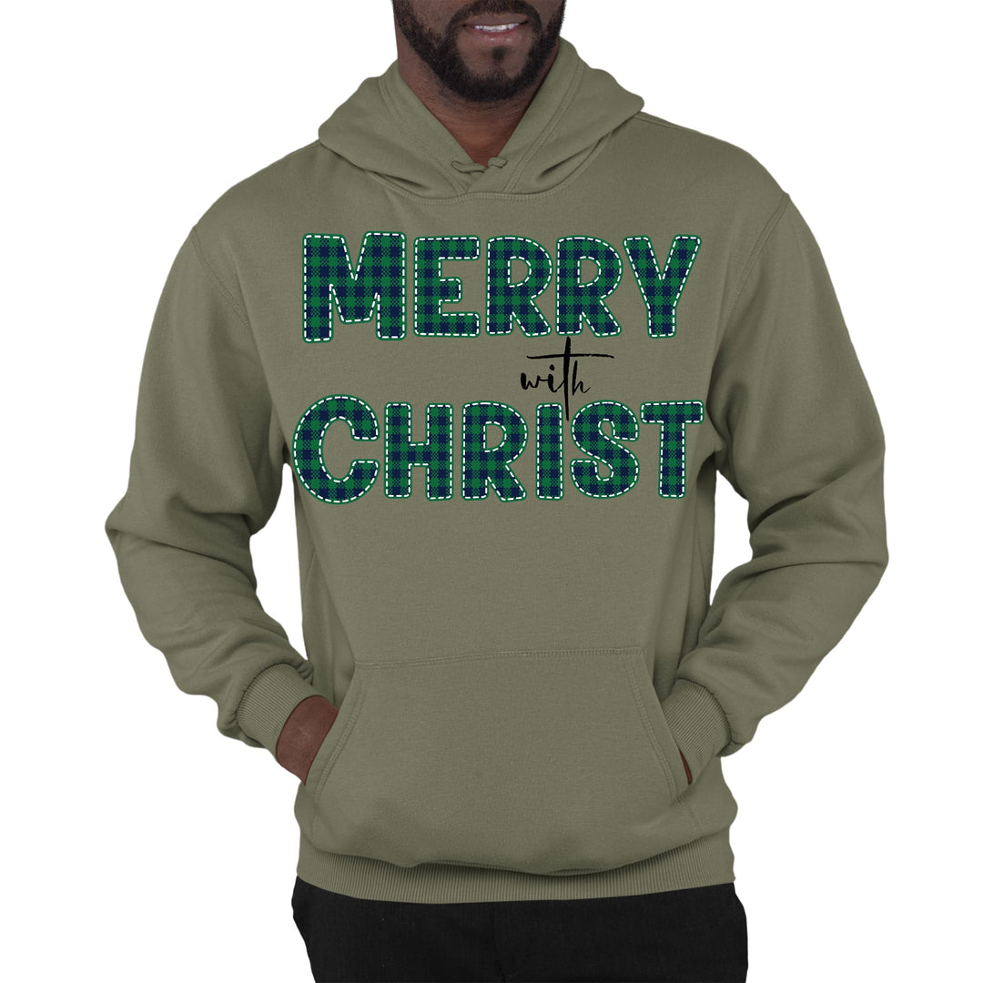 Mens Graphic Hoodie Merry with Christ Green Plaid Christmas Holiday - Unisex