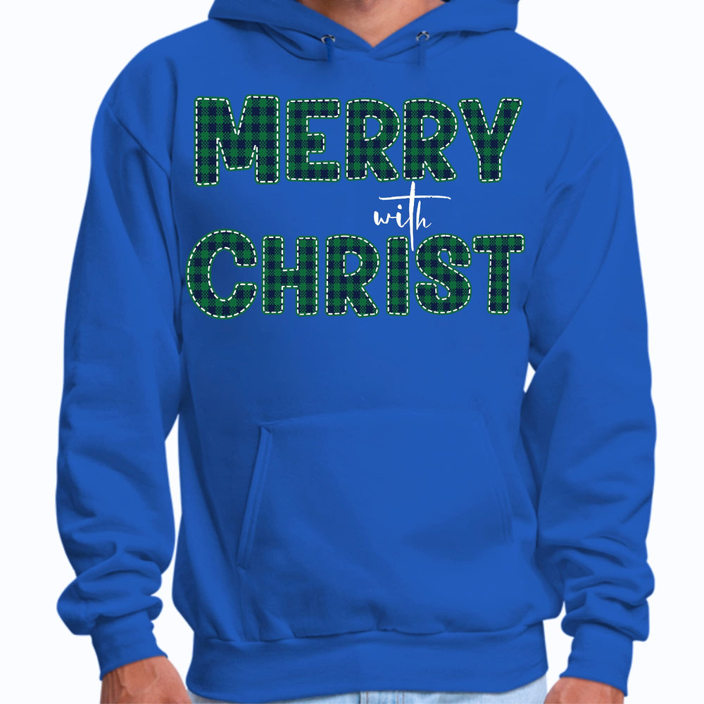 Mens Graphic Hoodie Merry with Christ Green Plaid Christmas Holiday - Unisex