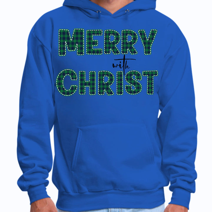 Mens Graphic Hoodie Merry with Christ Green Plaid Christmas Holiday - Unisex